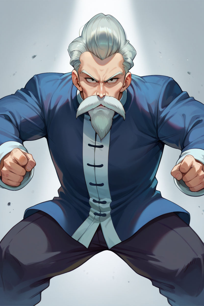 An old man with a stern, intense expression. He has a muscular build, and he has a full, white beard and mustache, complemented by short, silver hair that is neatly combed back. He is wearing a traditional Chinese-style outfit, a blue long-sleeved shirt with a high collar and wide sleeves, and black pants. 