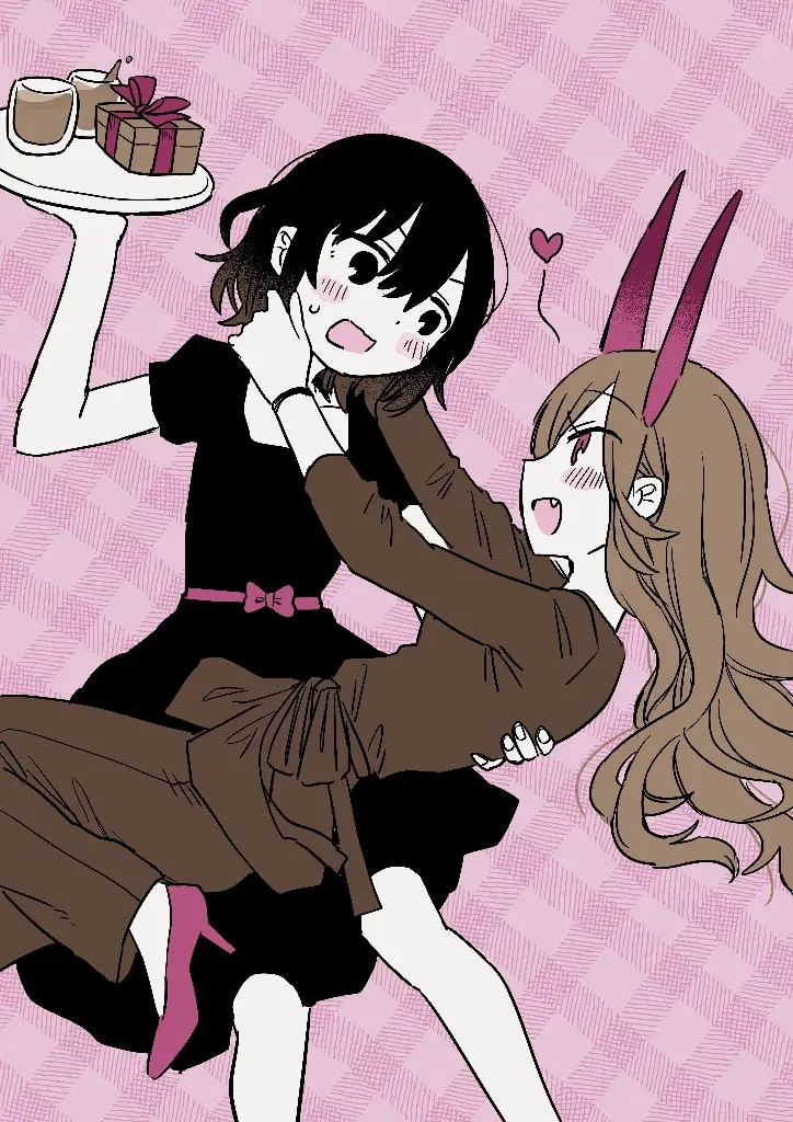 An illustration of Naori and Hinata from 'Alcohol and Ogre-girls'. Naori is holding a dish with one hand, two glasses of a chocolate-based cocktails and a small wrapped gift are on top of it; Hinata is dancing playfully and she's pulling Naori towards herself, making her lose balance. Naori is wearing a black one-piece dress with a small pink ribbon whle Hinata a red dress.